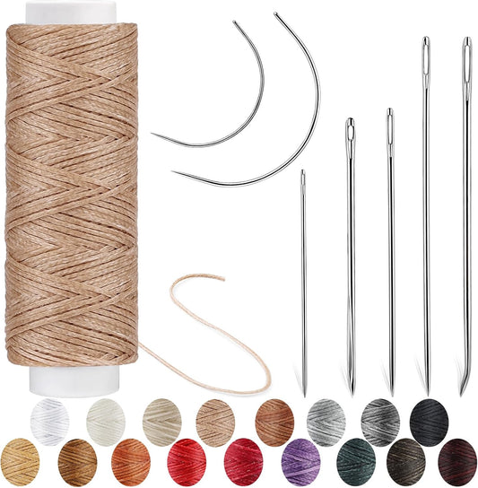 Ftyiwu Waxed Thread, Upholstery Needle and Thread 32 Yards with 7PCS Hand Sewing Needles for Home Upholstery Carpet Canvas Repair Leather Sewing (Khaki)