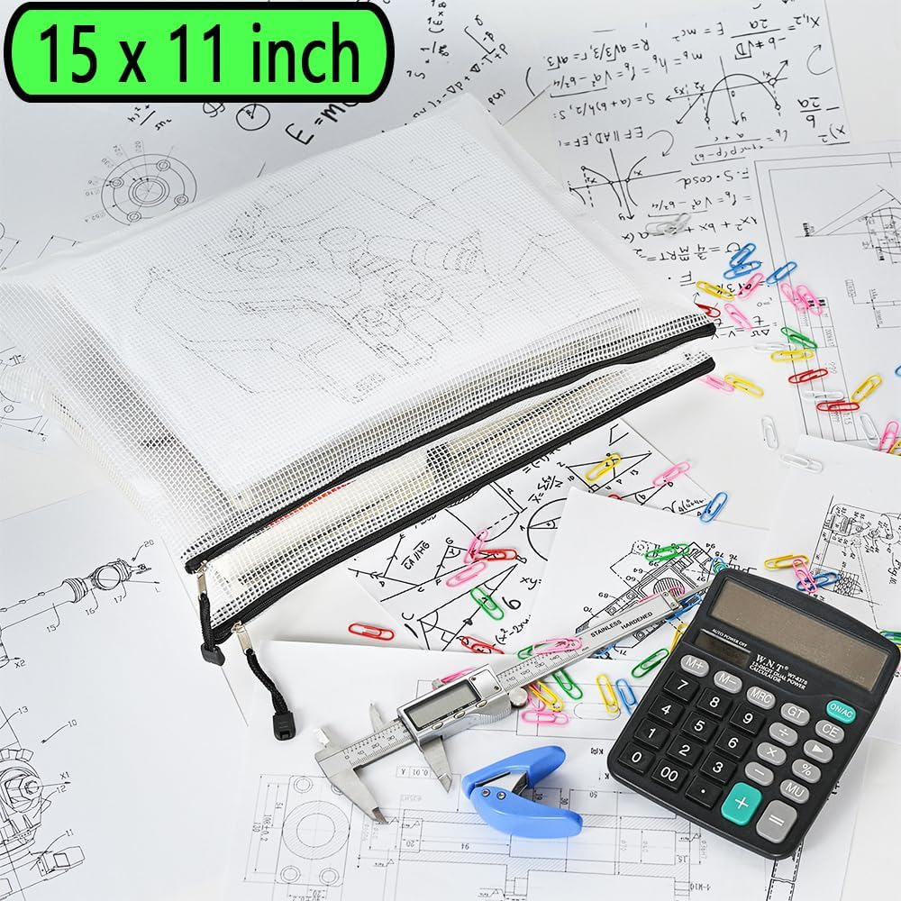 AUSTARK 10 Pcs Zipper File Bags, Waterproof Plastic Mesh Pouch for Office School, Board Game Storage Bags (Multi-Size, White and Black)