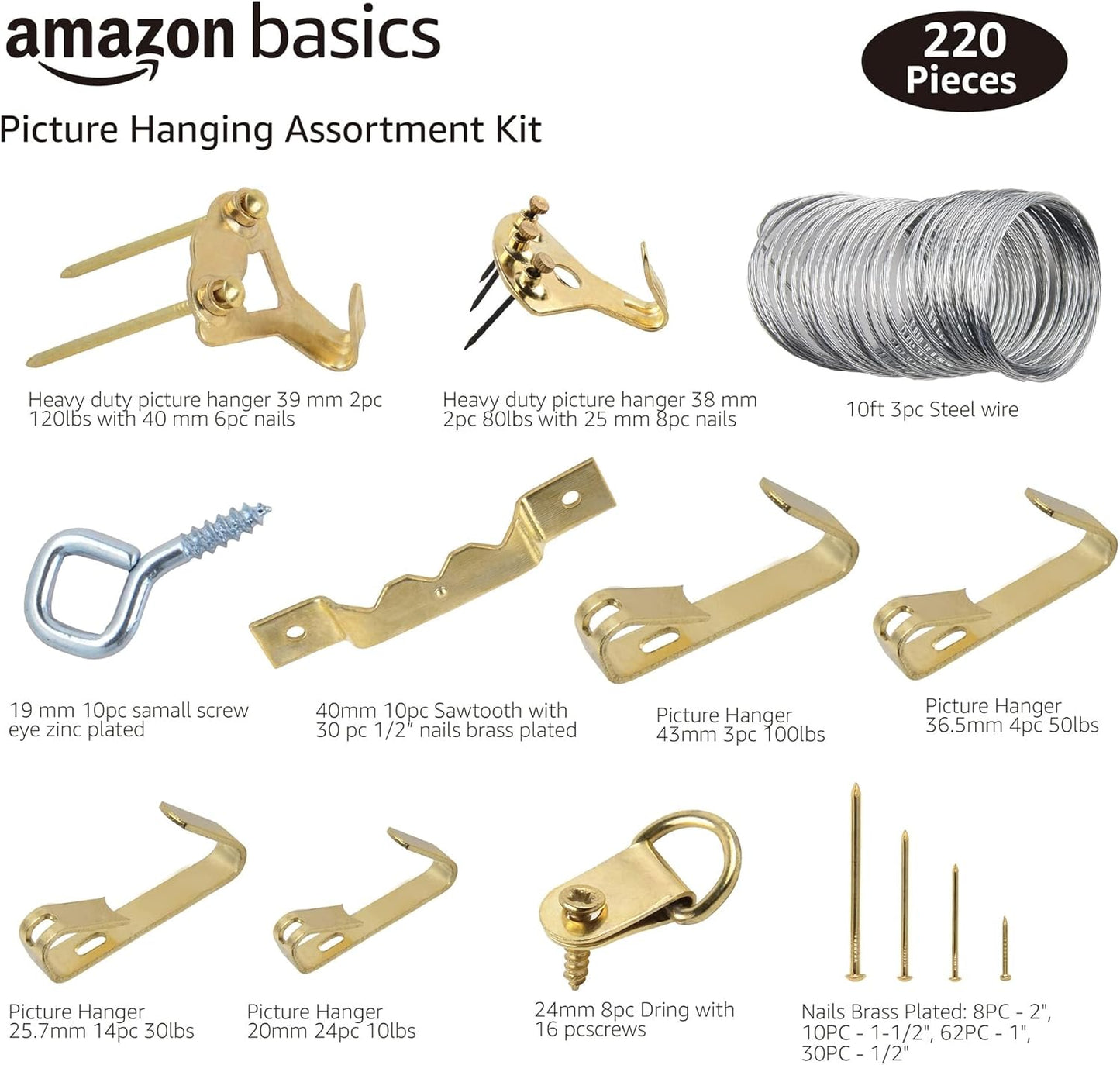 Amazon Basics Picture Hanging Hardware Assortment Kit, 220 Piece Set, Brass