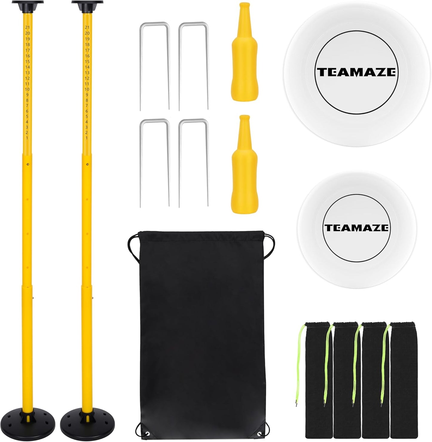 Teamaze Flying Disc Game Set with Height-Adjustable Poles & Score Tracker, Outdoor Bottle Toss Game for Beach, Lawn, Camping, Polish Horseshoes Set for Family & Friends Party Games