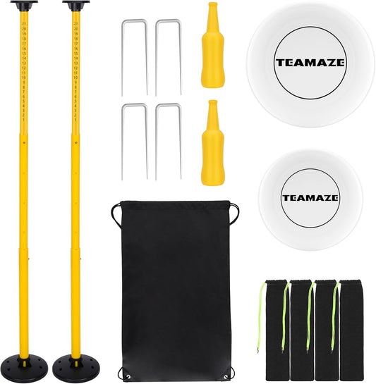 Teamaze Flying Disc Game Set with Height-Adjustable Poles & Score Tracker, Outdoor Bottle Toss Game for Beach, Lawn, Camping, Polish Horseshoes Set for Family & Friends Party Games