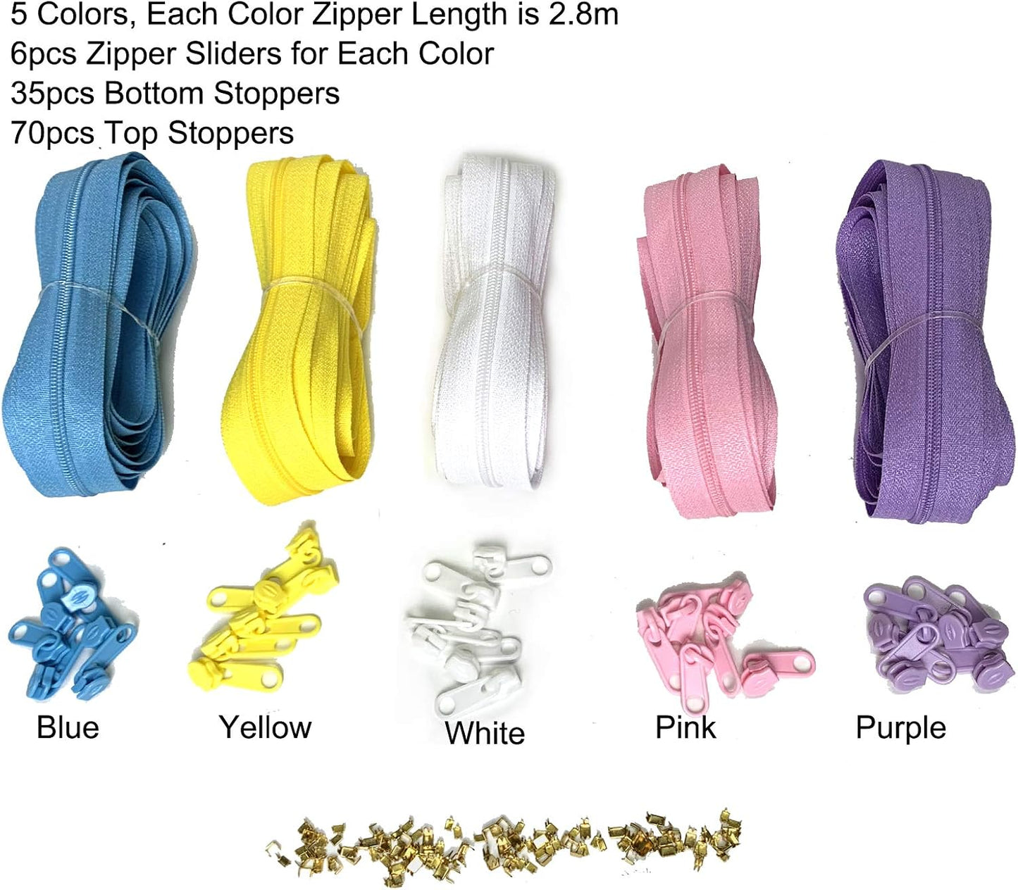 DOITEM Zipper Tape 3 mm by The Yard - 12.5 Yard/14 Meter Nylon Endless Set With Slider - 5 Colors for Sewing