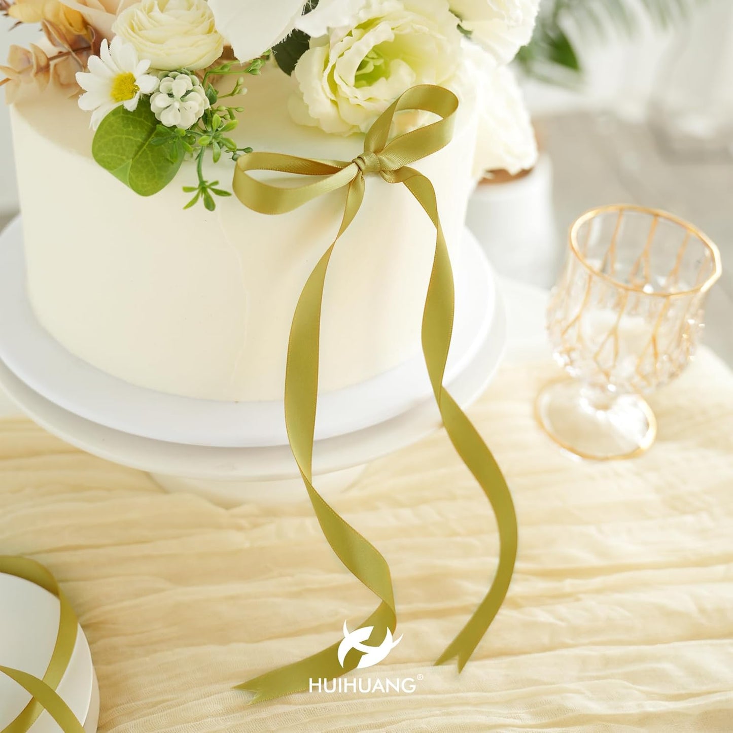 HUIHUANG Gold Satin Ribbon 1/2 inch X 50 Yards Continuous, Golden Double-Faced Satin Ribbon for Gift Wrapping, Bows, DIY Crafts, Flower Bouquet, Wedding Bridal Shower Decor, Hairs