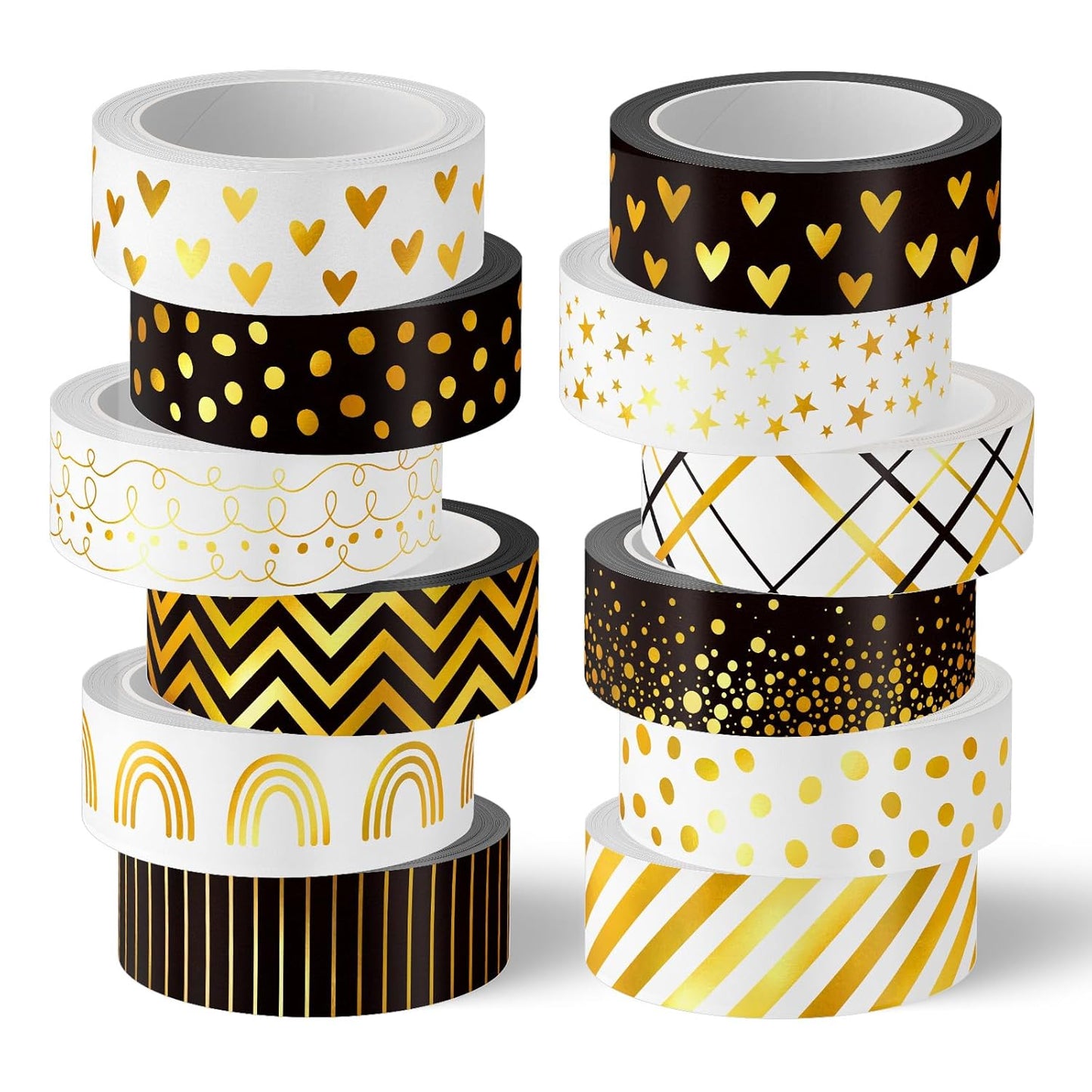 Whaline 12 Rolls Gold Foil Pattern Washi Tape Heart Dot Stripe Rainbow Masking Tape Set Decorative Wrapping Paper Tapes for Scrapbook Journal DIY Art Crafts