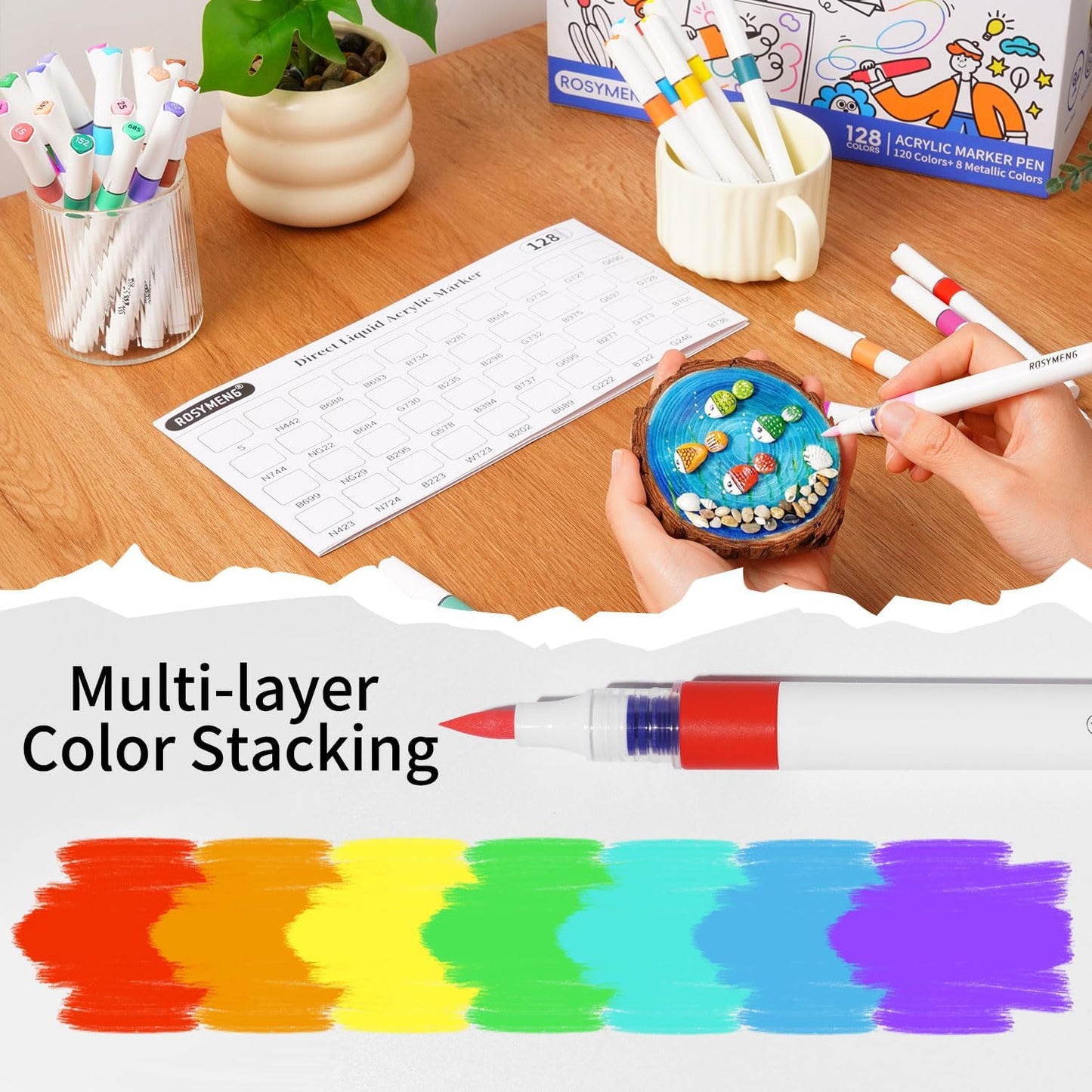 ROSYMENG 9 Metallic Color Acrylic Paint Pens,Quick-Drying Waterproof Acrylic Paint Markers, Soft Brush Tip Acrylic Markers for Canvas, Rock Painting, Wood, Stone, Glass, Ceramic, Fabric Painting