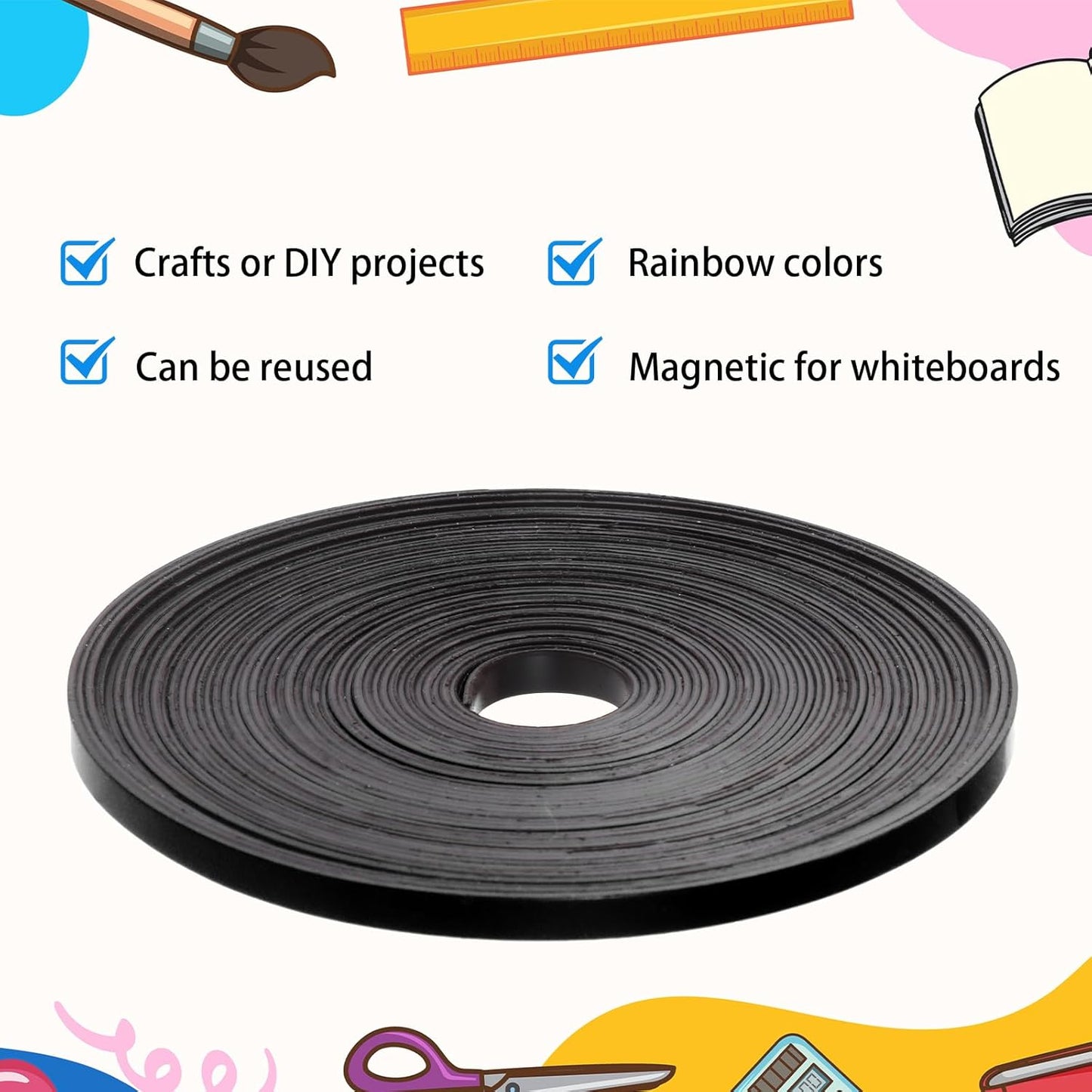 Magnetic Tape Roll Thin Strips, 1/4 Inch x 33 Feet Magnetic Board Dividers Whiteboard Graphic Decorative Tape Marking Line for Classroom Office Art Accessories(Black)