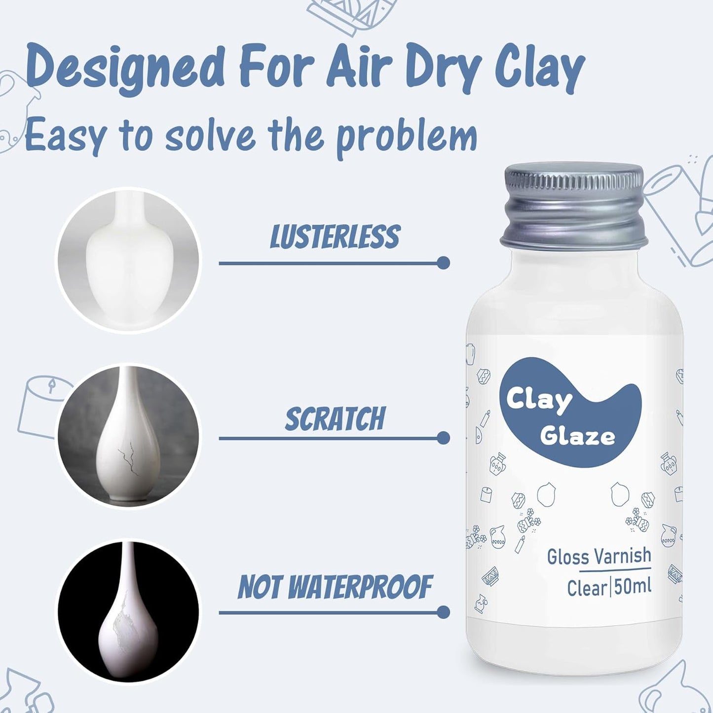 Air Dry Clay Glaze, Clay Varnish for Air Drying Clay, Clear Acrylic Varnish for Craft Pottery Waterproof & Gloss Finish