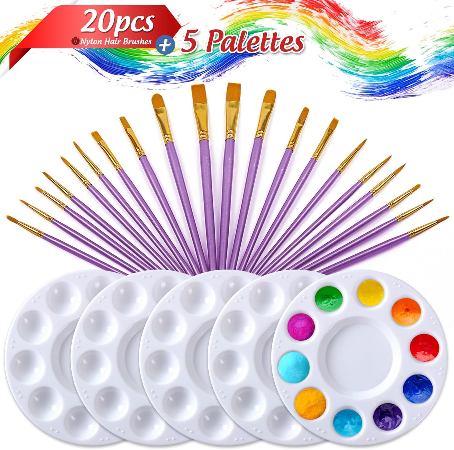 Halloween Paint Brushes Palettes Set by DUGATO, 2 Packs/20pcs Round Pointed Tip Nylon Hair Brushes with 5 Paint Trays for Acrylic Watercolor Oil Gouache Tempera and Body Painting (Purple)