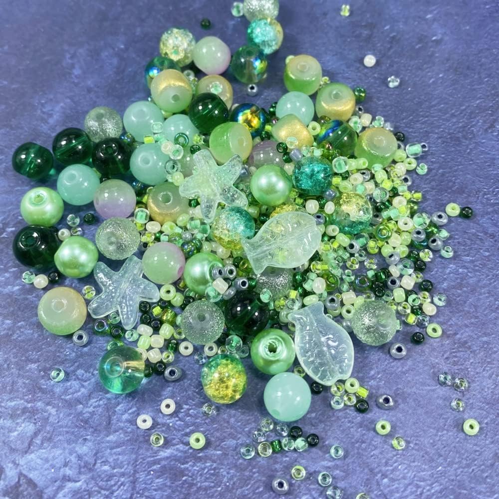 Assorted Glass Resin Beads Multi Size Colors Smooth Cracked Gravel Millet Spacer Beads for Bracelets Necklace Earring DIY Jewelry Making Craft(Xizi Green Series)