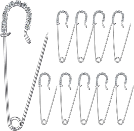 Housweety 10 Silver Tone Rhinestone Safety Pins Brooches 6.5x1.8cm