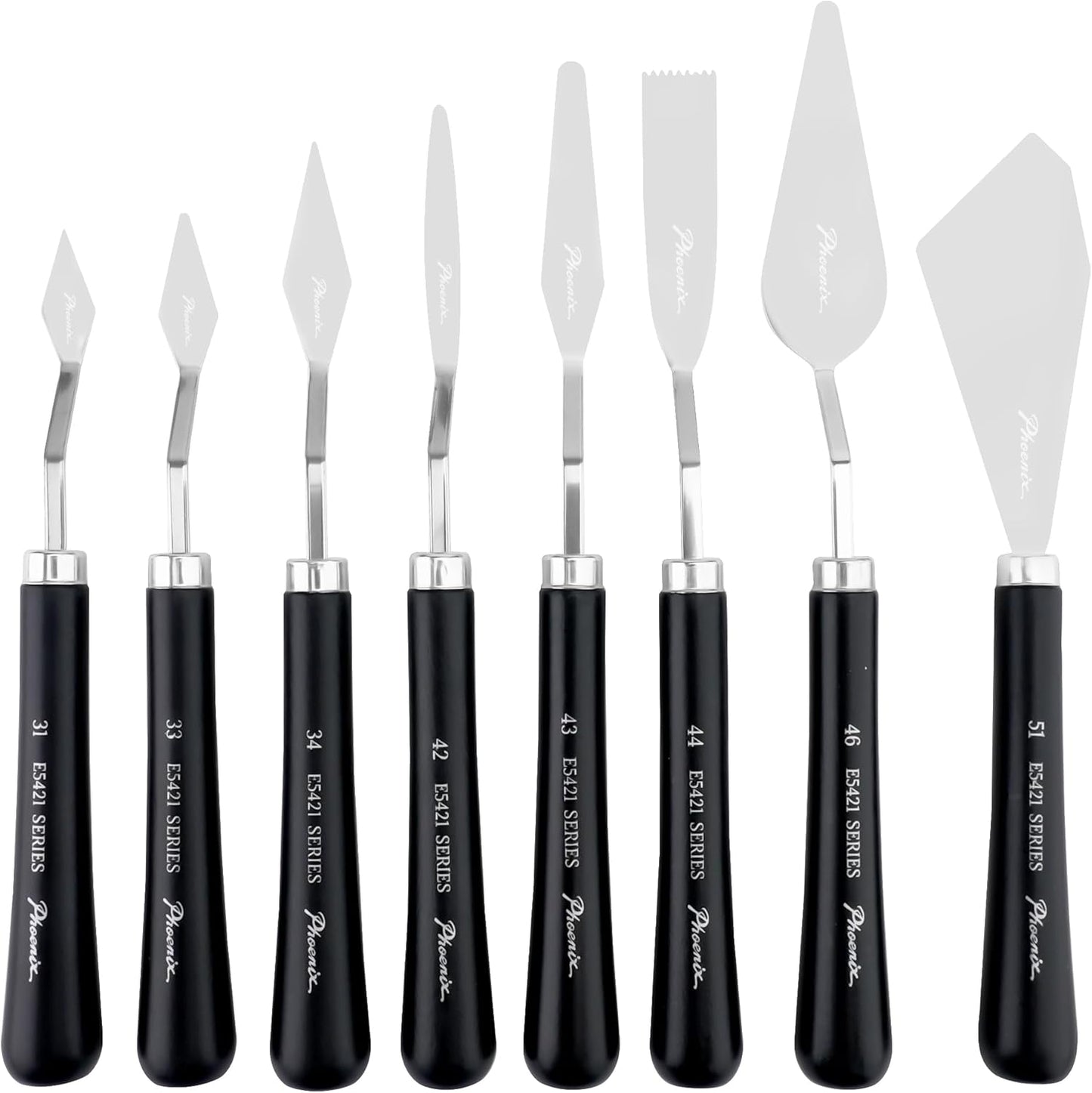 PHOENIX High Flexible Palette Knife Set, 8 Pieces Stainless Steel Painting Knives (31,33,34,42,43,44,46,51) Art Knife with Wood Handle, Paint Spatula for Oil Acrylic Paint