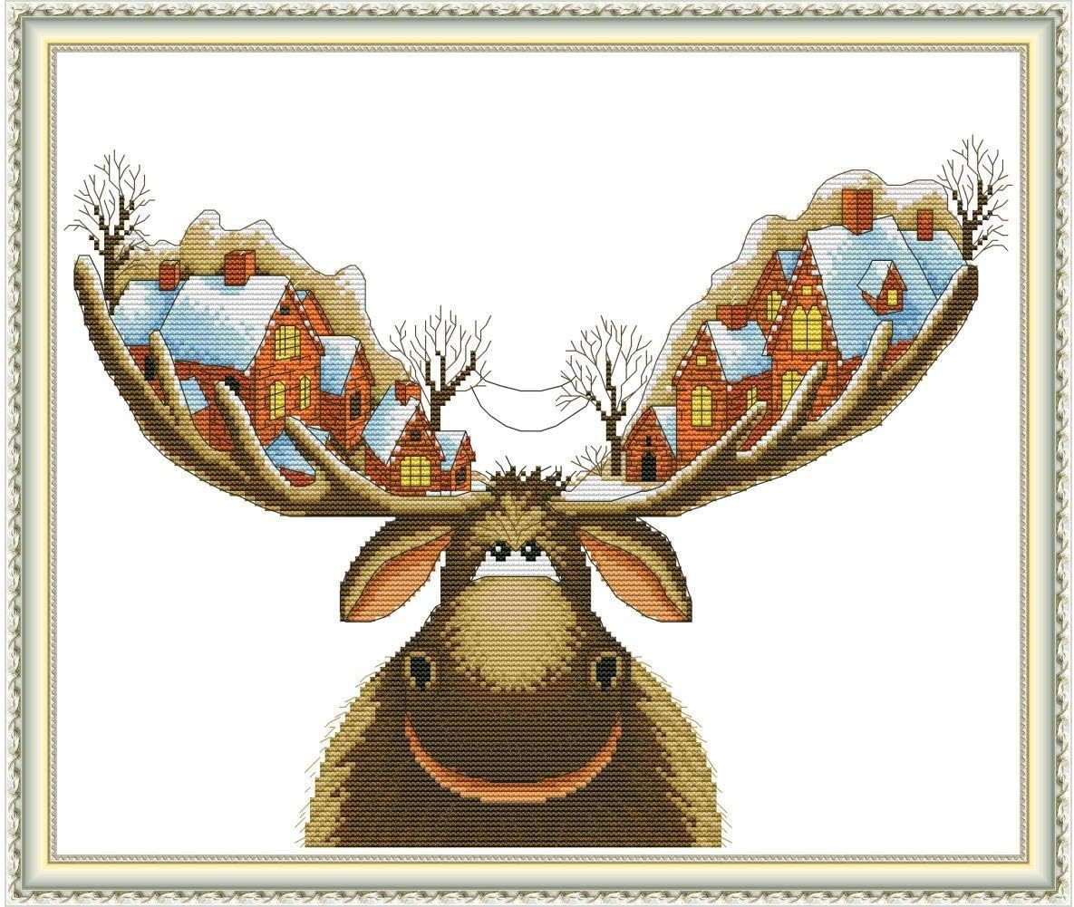 CROSSDECOR Cross Stitch Stamped Kits 11CT 21X18 inch Holiday Gift Pre-Printed Cross-Stitching Starter Patterns for Beginner Kids or Adults, Embroidery Needlepoint Kits Christmas Deer