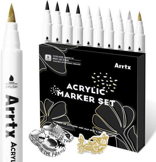 Arrtx Acrylic Paint Pens, 10 Pack Extra Brush Tip White Paint Markers Metallic for Rock Fabric Wood Glass Canvas Ceramic, 4 White 4 Black 1 Gold & 1 Silver, Water Based Ink, DIY Crafts
