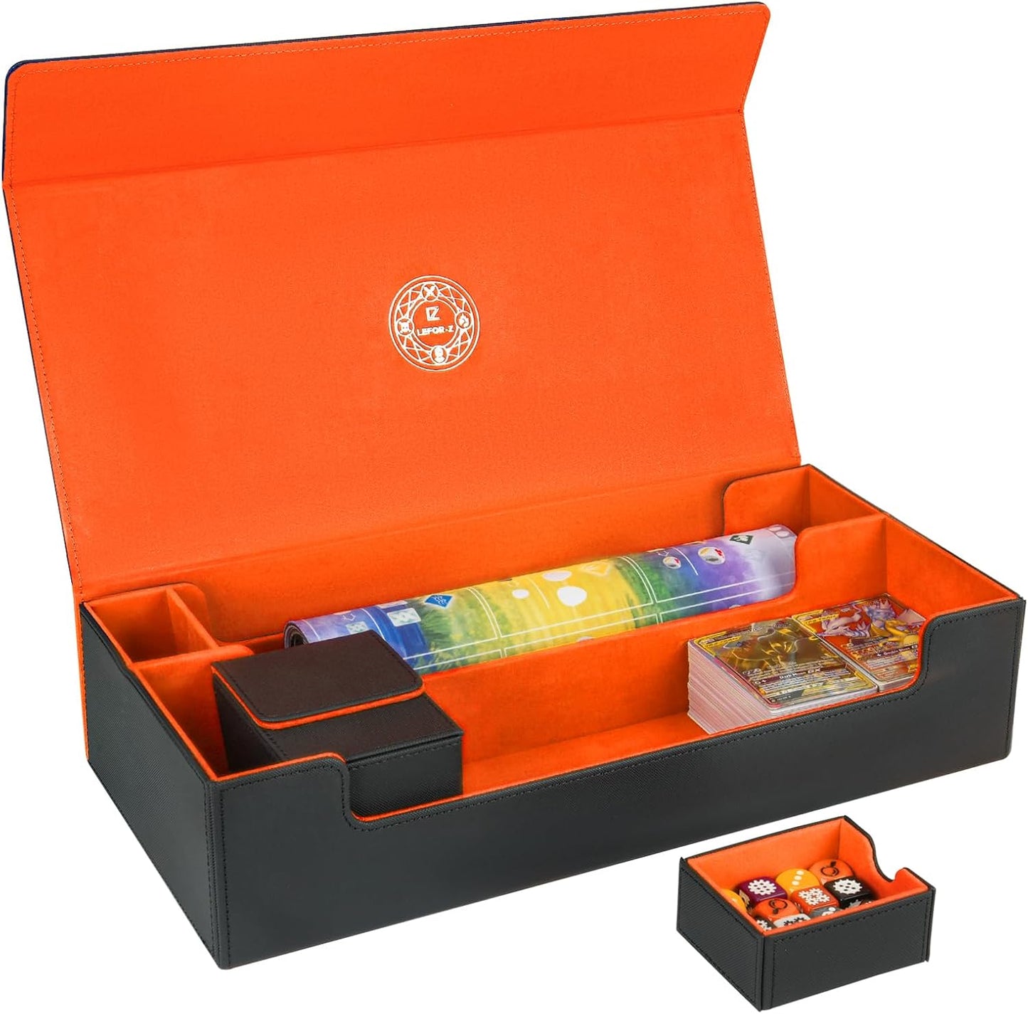 Card Deck Box,X-Large Premium Trading Card Storage Case with Mat and Dice Compartment,Magnetic Game Deck Display Case Compatible with MTG/TCG/Yugioh/Magic/Commander(Black＆Orange)