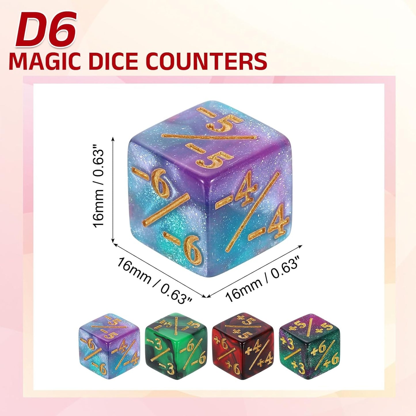 uxcell 48Pcs Magic Dice Counters, Acrylic D6 Life Token Dice Set with Pouch for Standard Cards Gaming Accessories, Red & Black, Green & Black, Green & Purple, Blue & Purple