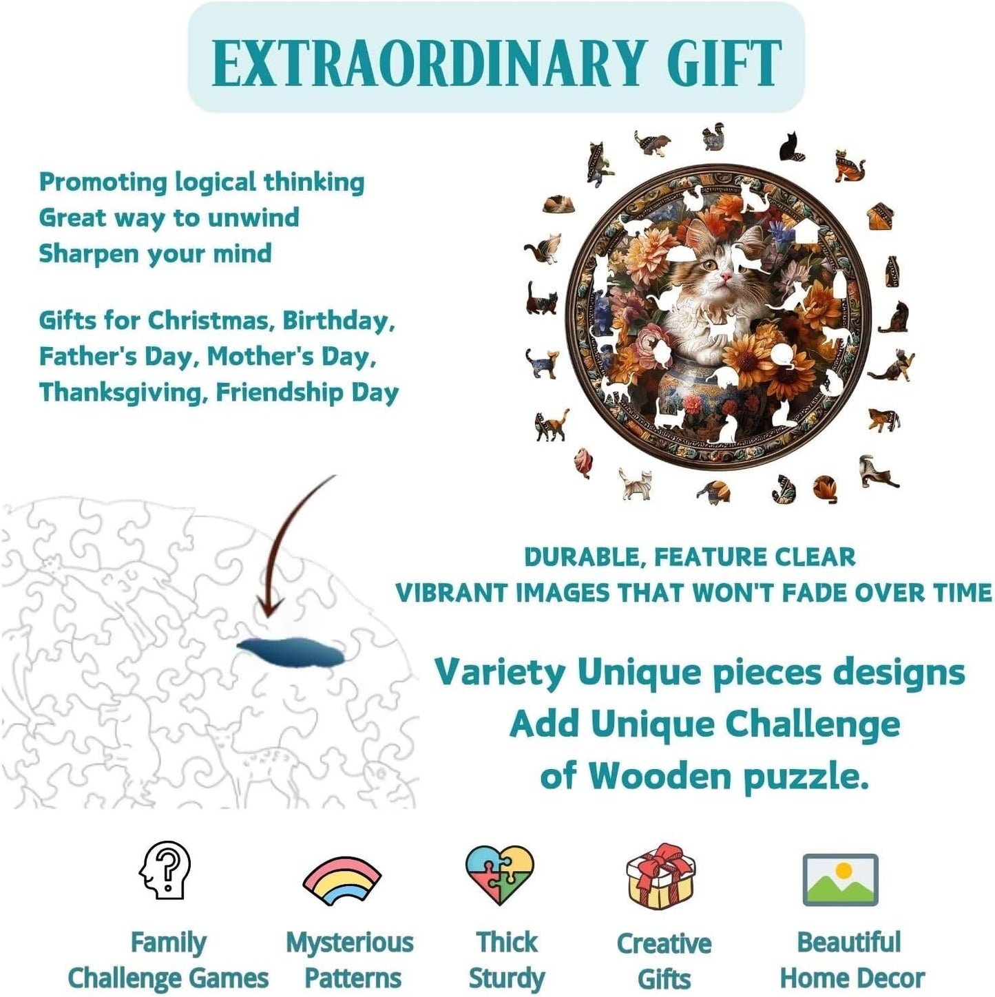 Wooden Puzzles Adults, Beautiful Tricolor Cat Wooden Puzzles 100 Pieces, Unique Animal Shaped Wood Challenging Jigsaw Puzzles Gifts for Adults, 8.5x8.5in