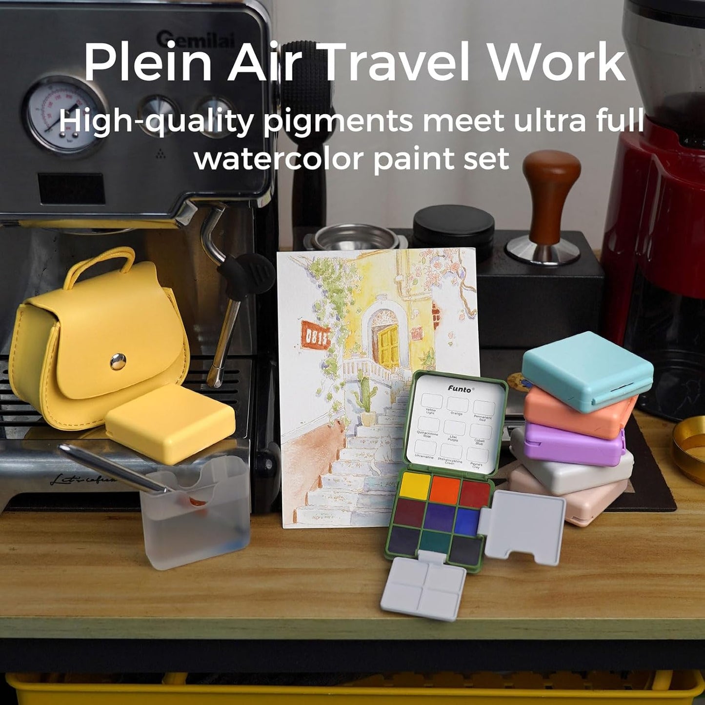 Funto Pocket Watercolor Set, Travel Color Kit, with 9 Colors, Leather Bag, Paint Water Cup, Foldable Palettes, and Mini Watercolor Papers, Set for Art