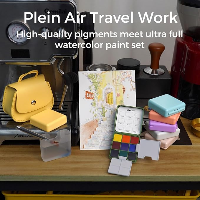 Funto Mini Watercolor Set Travel Kit with 9 Colors, Leather Bag & Watercolor Paper, Portable Drawing & Painting Supplies for Beginners, Art Gift Set