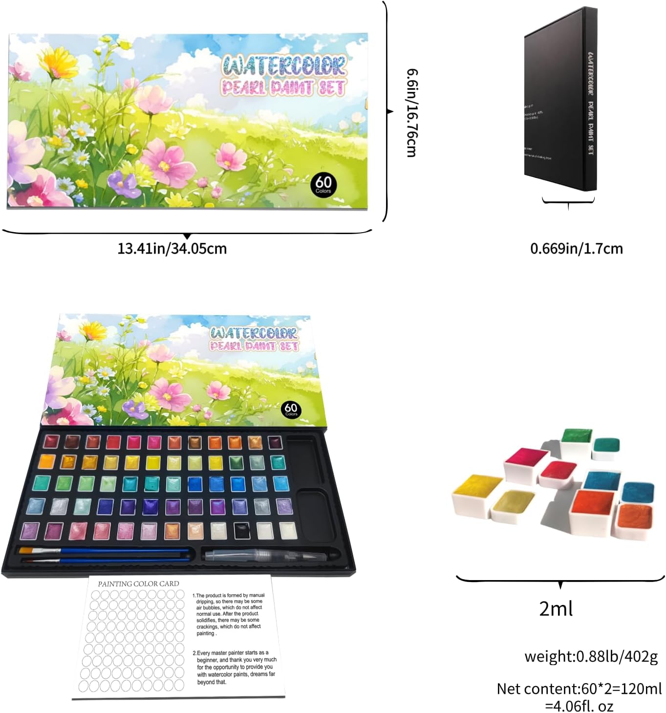 2ml Large Capacity Metallic Watercolor Paint Set, 36/60/84 Color Metallic/Pearlescent/Glitter/Color Shifting/Shimmer Water Color Paint for Adult Kids with 2 Paintbrushes