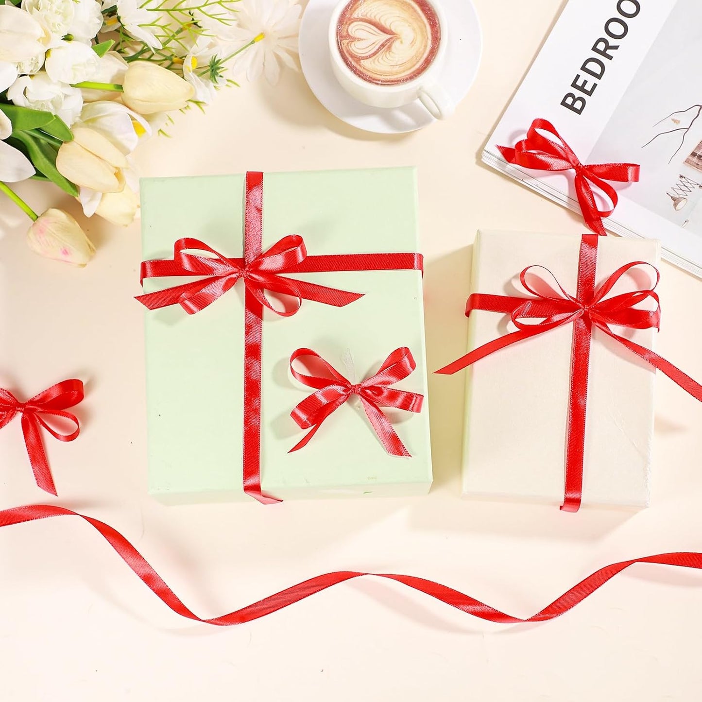 Red Ribbon 120 Yards 3/8 Inch Thin Red Satin Ribbon Craft Fabric Christmas Ribbons for Hair Bow Making Gift Wrapping Floral Bouquet Wedding Party Christmas Decorations