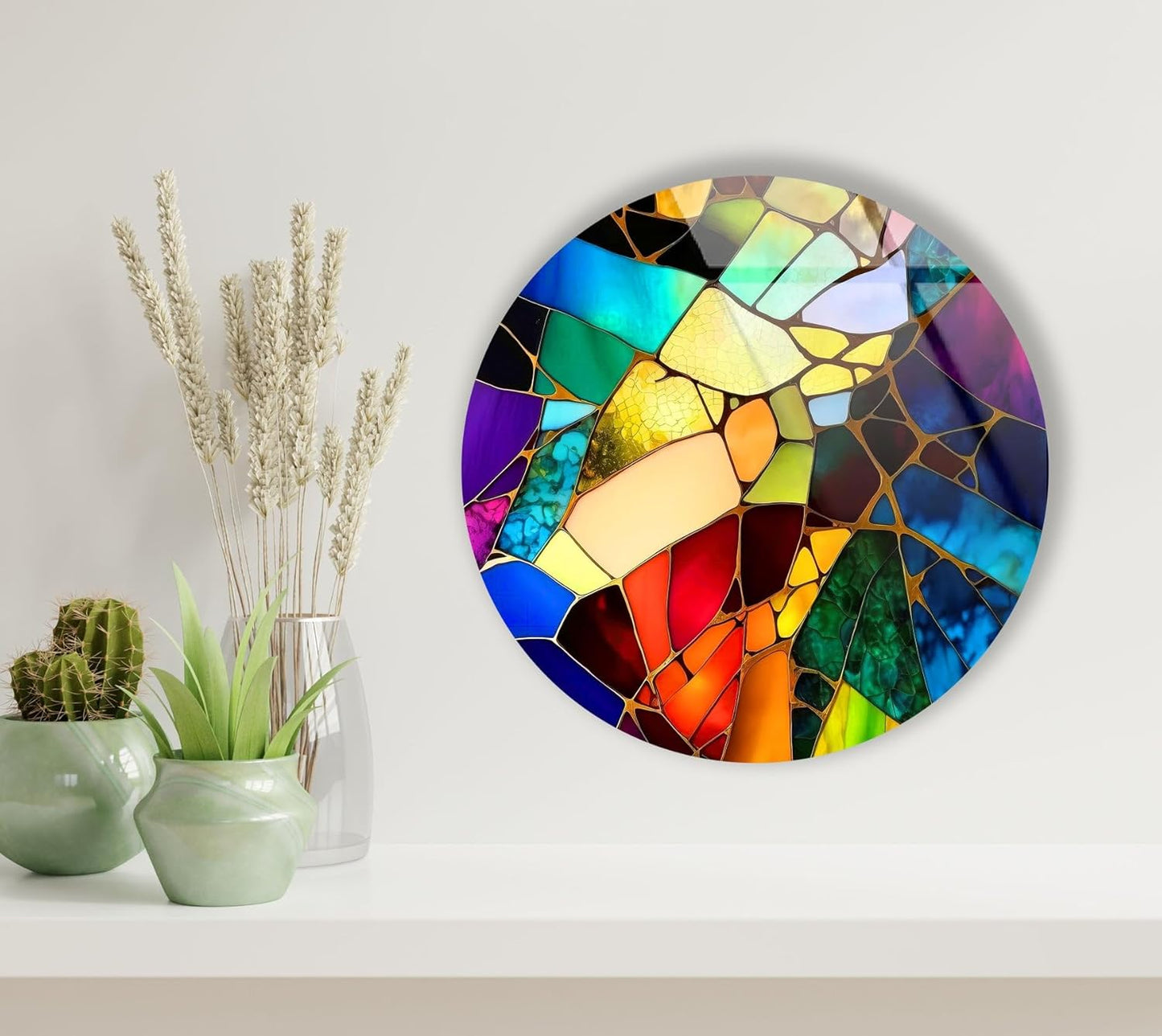 My Photostation.com 10''(25cm) Diameter Multicolor Round Stained Glass Wall Art Vibrant Mosaic Abstract Panel Tempered Glass Printing Wall Decor Large Wall Art Wall Hangings
