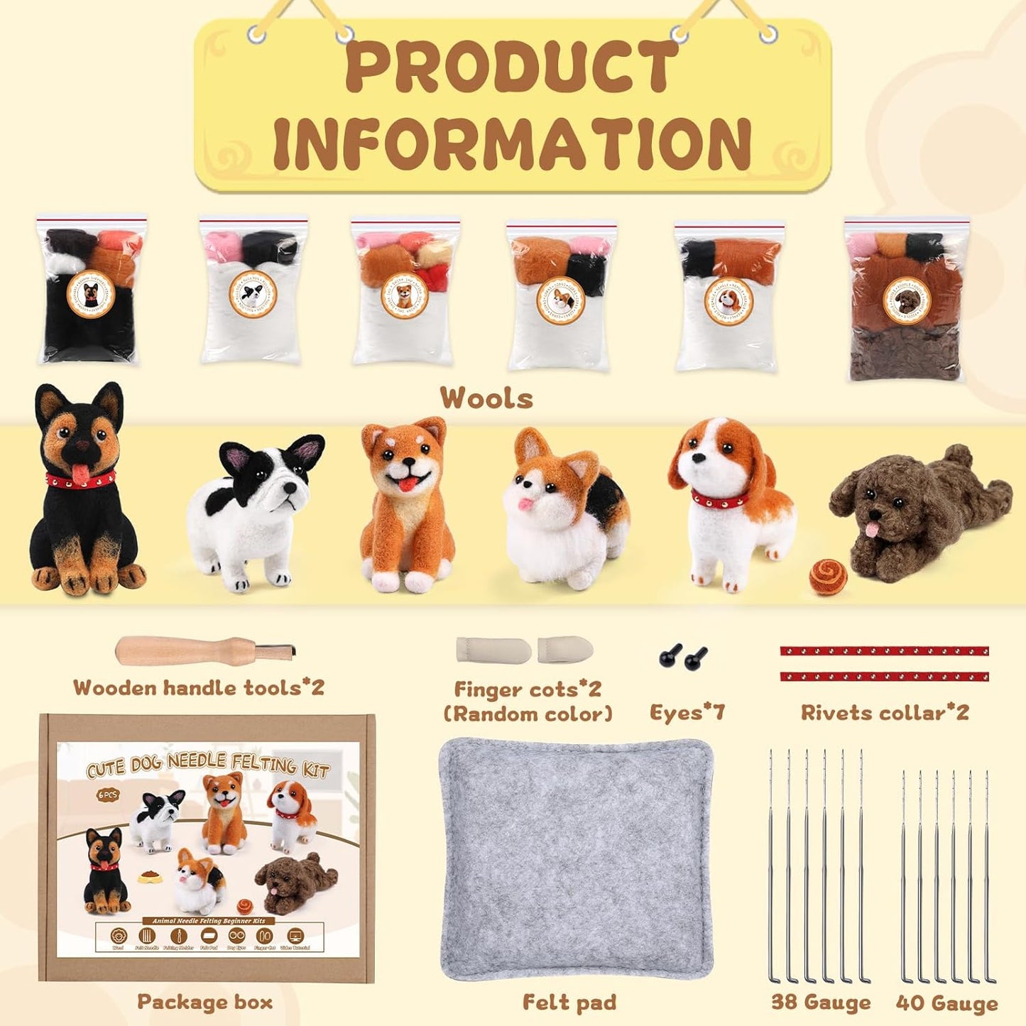 Mayboos 6 Pcs Needle Felting Kit, Animal Needle Felting Beginner Kits Wool Felt Needle Felting Tools with Instruction for DIY Craft Animal Home Decoration (Cute Dog)