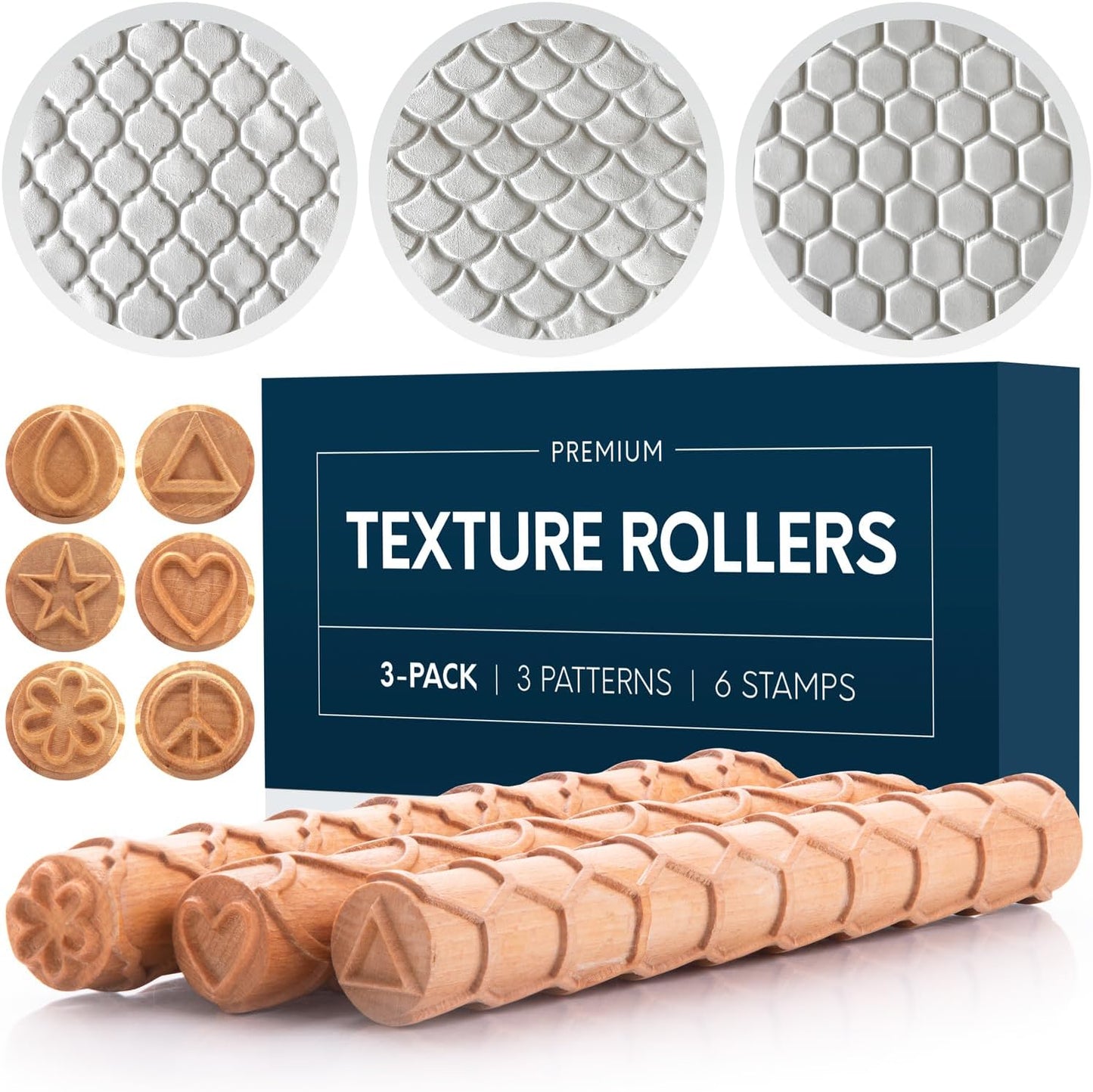 Byllstore Extra Large Clay Texture Rollers with Pottery Stamps | 3 Texture Rollers | 6 Clay Stamps | 3-Pack (9" x 1.2", 3 Pack)