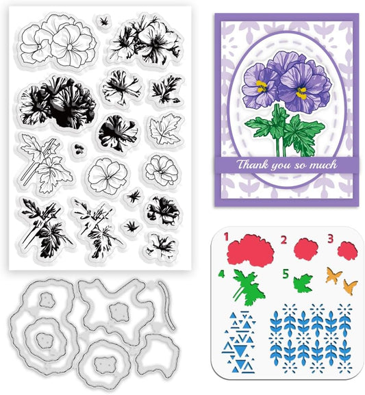 ORIGACH Geranium Layering Stencil Stamp and Die Set for Card Making, Flower Stencil Template Silicone Clear Stamps and Metal Die Sets for DIY Scrapbooking Photo Album Crafting