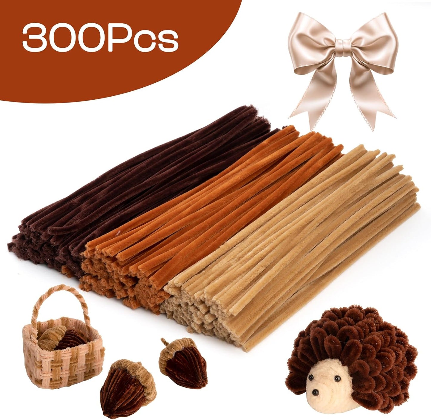Caydo 300 Pieces Brown Pipe Cleaners, Thick Fluffy Chenille Stems, Pipe Cleaner Crafts for Arts & Crafts, Perfect for Making Animals, Flowers, and Festive Decorations