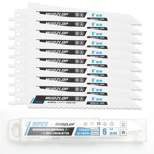 10Pack 6 inch Reciprocating Saw Blades Set,8+10 TPI High Carbon Saw Blades, Metal Saw Blades with Organizer Case (10, 8+10TPI/150mm)