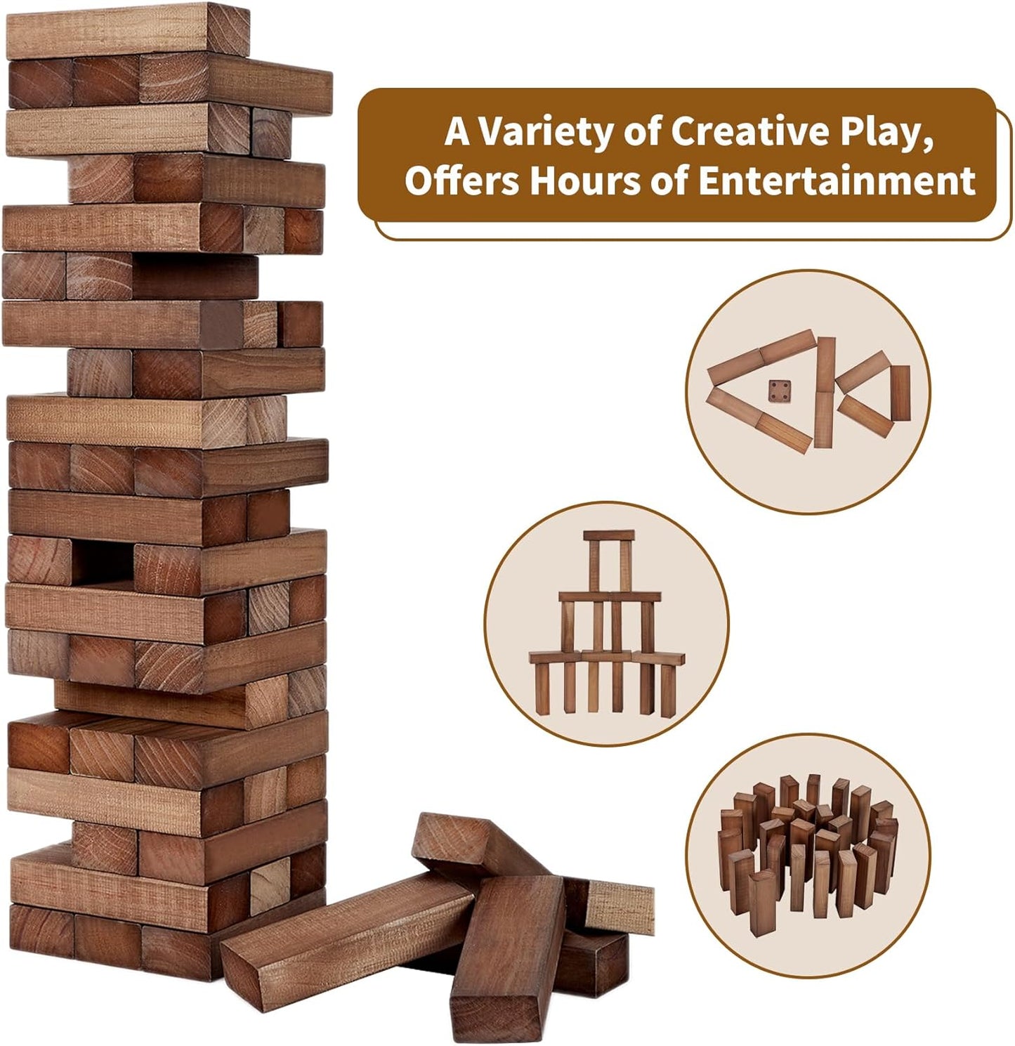 ApudArmis Giant Tumble Tower Stack to Over 5Ft, 60 PCS Pine Wooden Stacking Timber Game with 1 Dice Set - Classic Block Giant Game (7.48 * 2.48 * 1.5 in Each Block, Brown)