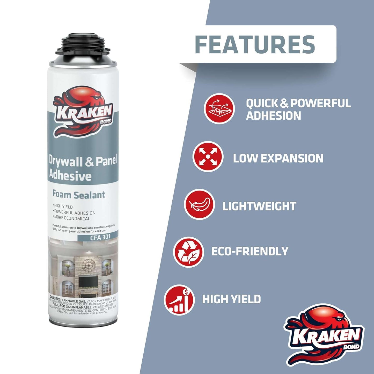 KRAKEN BOND Drywall & Panel Adhesive Foam - (2X24oz) Heavy-Duty, Fast-Curing Construction Adhesive for Concrete, Wood, and Heat Insulation Applications - 2 Pack