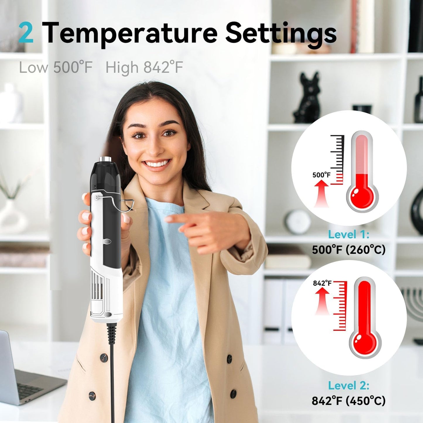 DELI Mini Heat Gun, 350W Dual Temp 500℉/842℉ (260℃/450℃) with Reflector & Extra Nozzles, 6 FT Cable, Overload Protection – for Crafting, Vinyl Wrap, Epoxy, Resin, Shrink Tubing