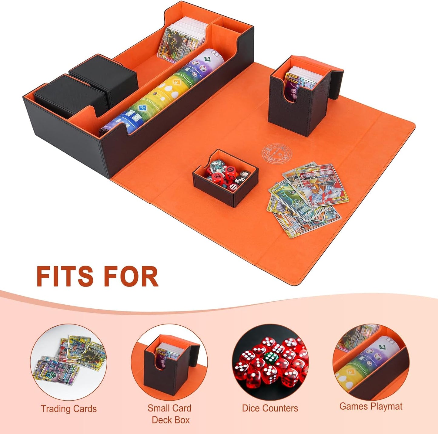 Card Deck Box,X-Large Premium Trading Card Storage Case with Mat and Dice Compartment,Magnetic Game Deck Display Case Compatible with MTG/TCG/Yugioh/Magic/Commander(Black＆Orange)