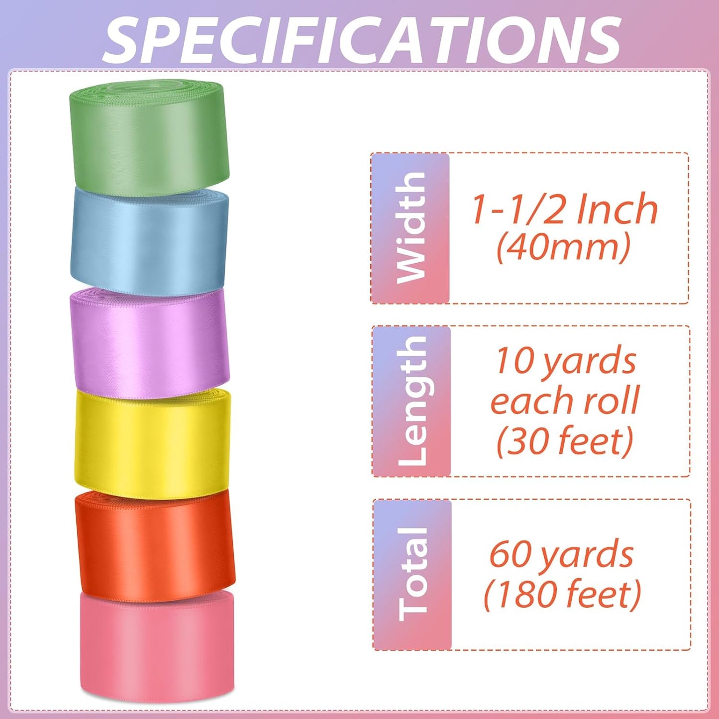 1-1/2 Inch Rainbow Satin Ribbons for Crafts, 6 Rolls Single-Faced Rainbow Assorted Ribbons for Gift Wrapping Flower Bouquet Wedding Invitations Bridal Shower Hair Bow Garland Party Decor