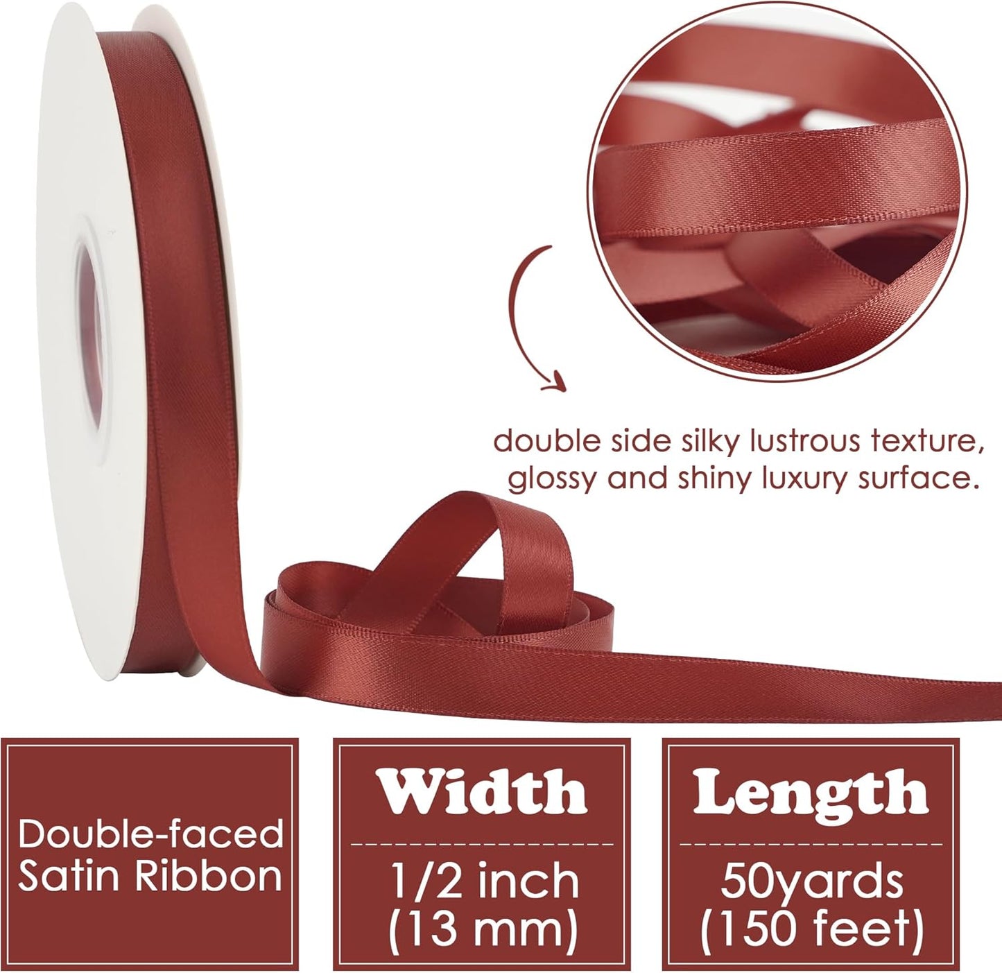 HUIHUANG Rust Satin Ribbon 1/2 inch X 50 Yards Continuous Rust Red Double-Faced Satin Ribbon for Gift Wrapping, Bows, DIY Crafts, Flower Bouquet, Wedding Bridal Shower Decor, Flower Crowns