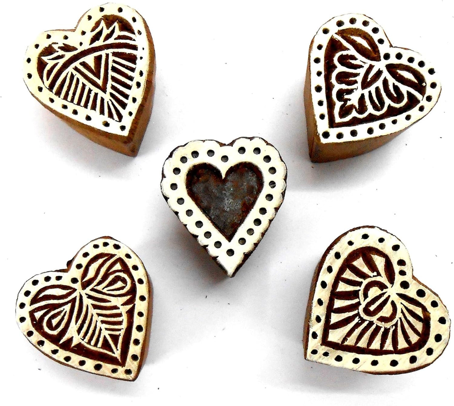 Stylish Romantic Five Hearts Wooden Blocks Stamps for Printing on Textiles, Pottery Crafts,Henna, Scrapbooking (Set of 5)