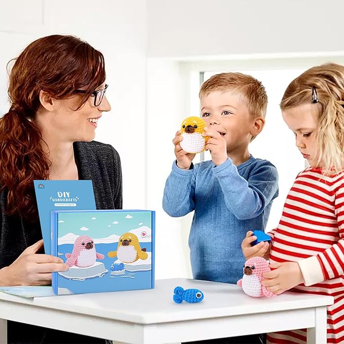 Fortuning's JDS Crochet Kit for Beginners - Seal Crochet Kits with Step-by-Step Video Tutorials, Beginner Crochet Kit for Adults Kids, Crochet Animal Kit, 2 PCS Seals with a Fish Crocheting Set