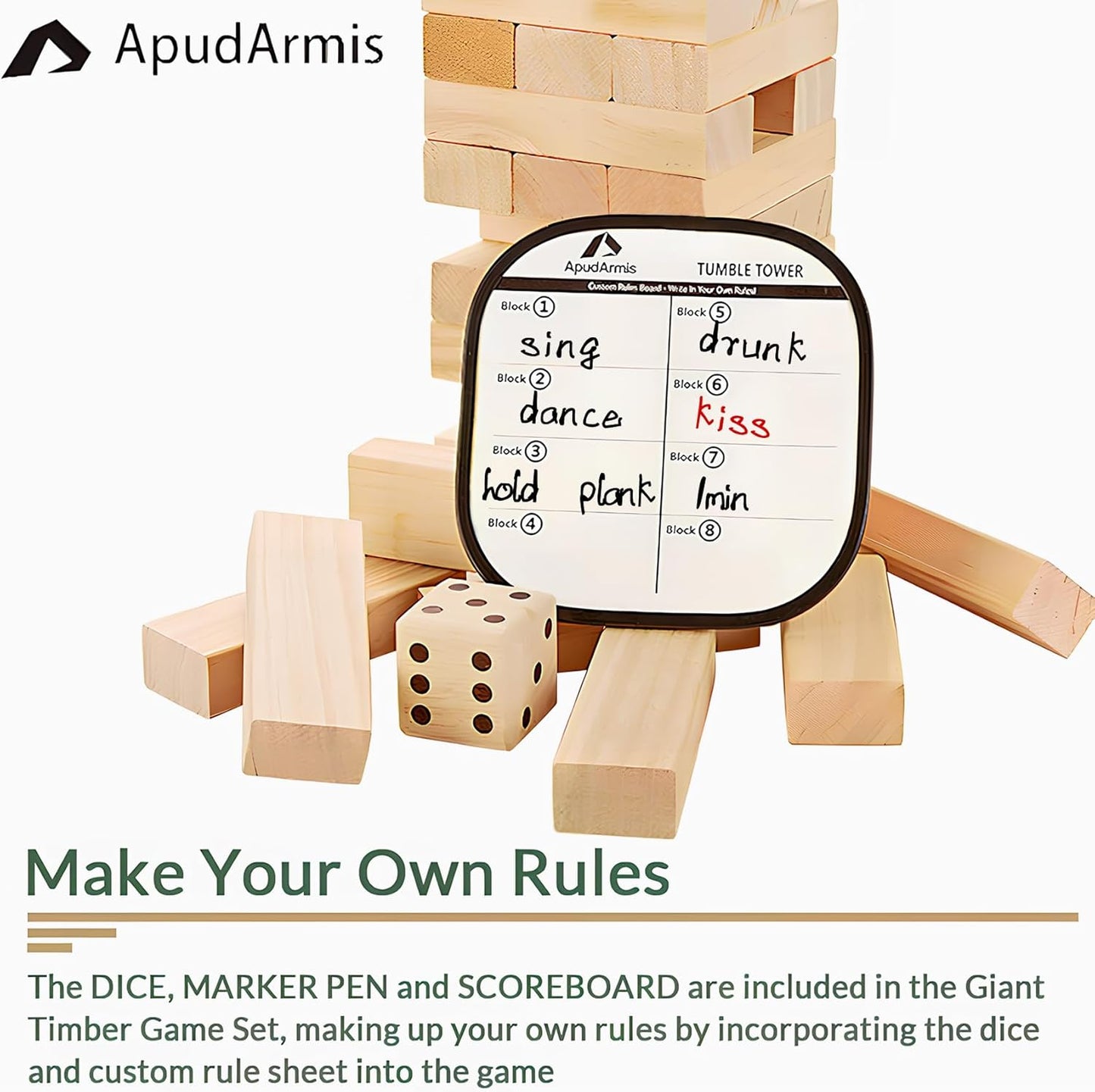 ApudArmis Giant Tumble Tower Stack to Over 5.2Ft, 60 PCS Pine Wooden Stacking Timber Tower,Classic Block Giant Outdoor Indoor Game for Adults, Fun Game at Backyard, Lawn, Party with Family & Friends