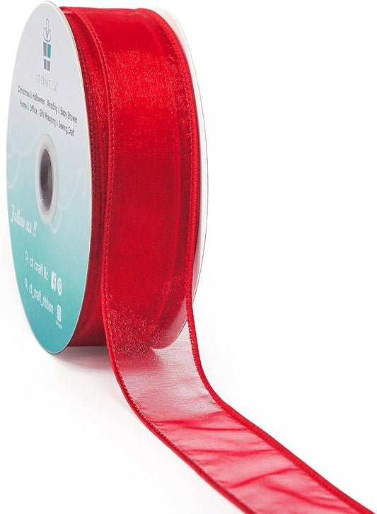 CT CRAFT LLC Sheer Organza Wired Ribbon 1.5" x 50Yards Red for Wedding Chair Bow Flora Bouquet Gift Wrapping Christmas Tree Home Decor Wreath