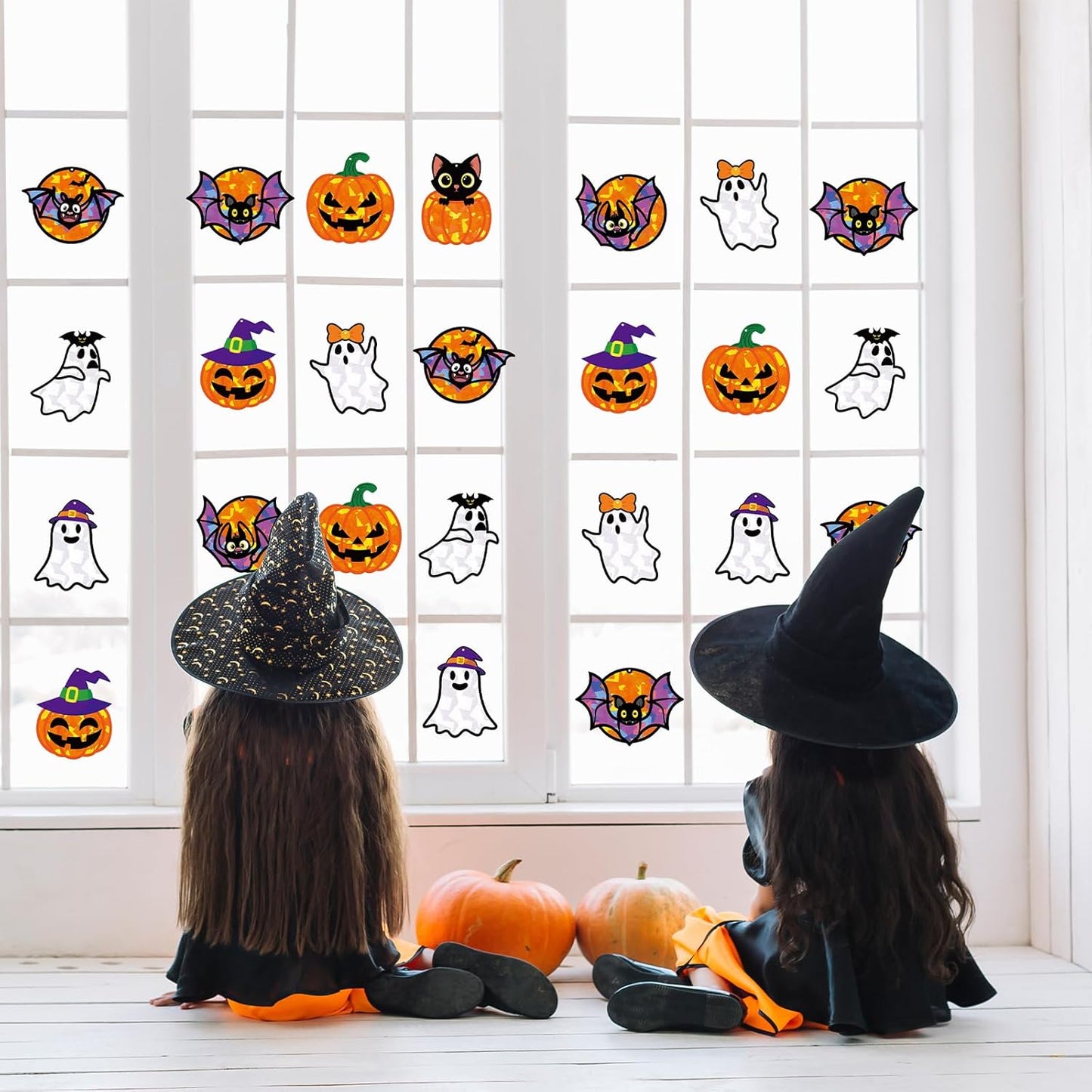 Renbuzhu 40PCS Halloweens Crafts Bulk: Ghosts Pumpkins Paper Suncatchers DIY Kit Party Activities Decorations, Window Stained Glass Effect Art Supplies
