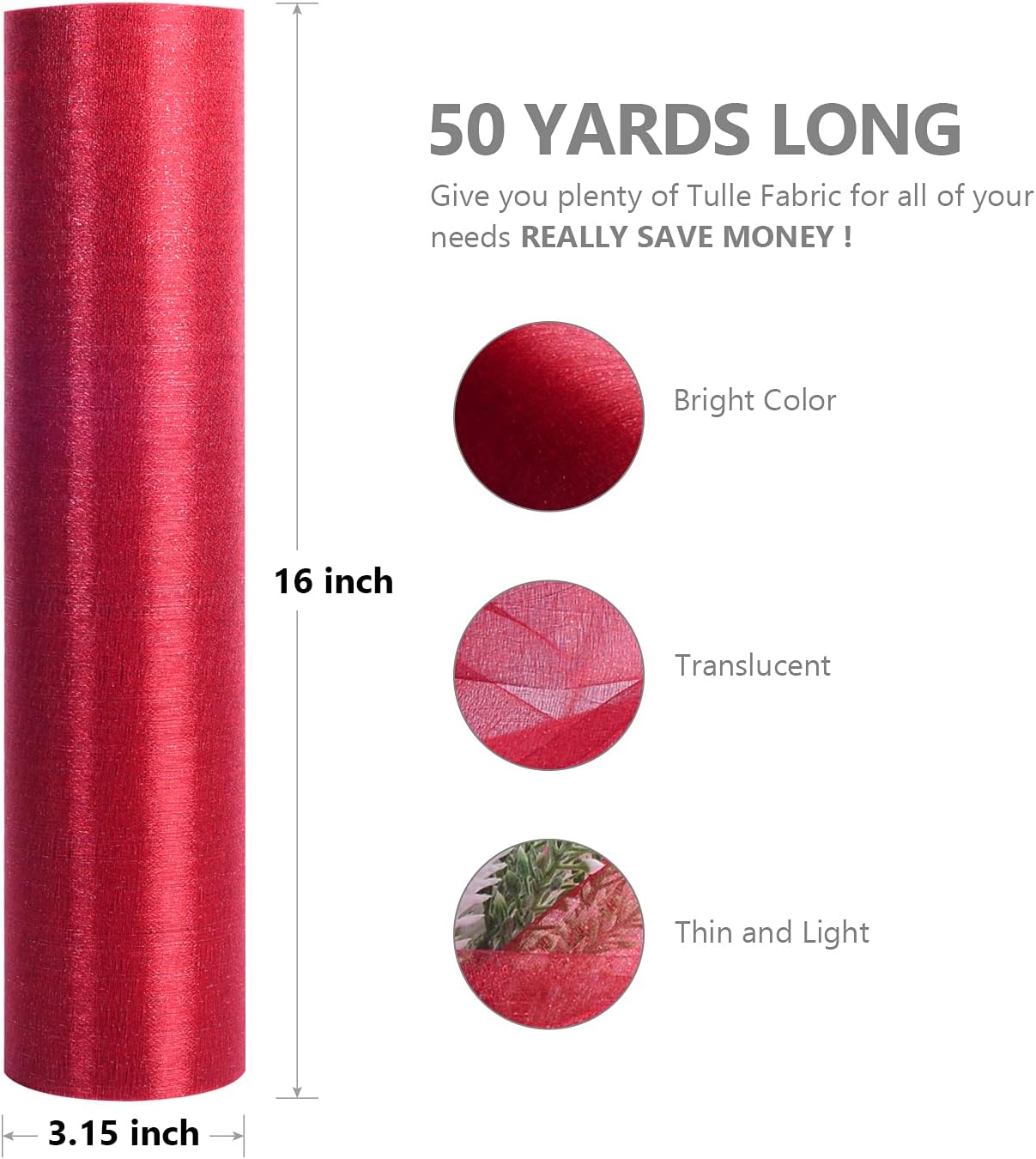 Crystal Organza Fabric Tulle - 16" by 50 Yards Sheer Fabric for Wedding Party Decoration Bridal Shower Tutu Roll Netting Spool Ribbon Wrapping (Burgundy)