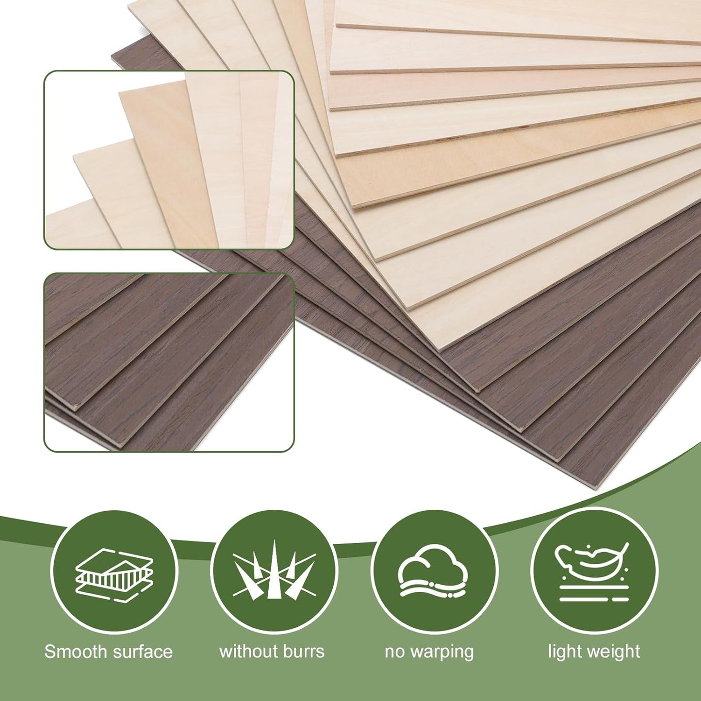 12 Pack 3mm Plywood Sheets Set for Crafts,Contains 4 Pack Walnut and 8 Pack Basswood Sheets.12x12x1/8 Inch Unfinished Wood for Laser Cutting & Engraving, Wood Burning, Architectural Models.
