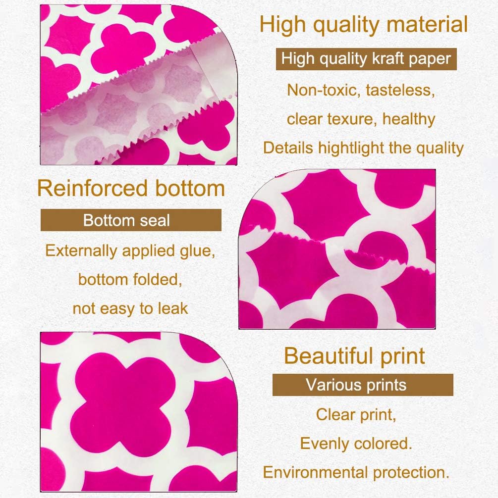 KEYYOOMY 100 Pcs Hot Pink Candy Buffet Bags Small Cookie Bags Polka Dot Paper Treat Bag for Wedding Birthday Party (5 inch x 7 inch)