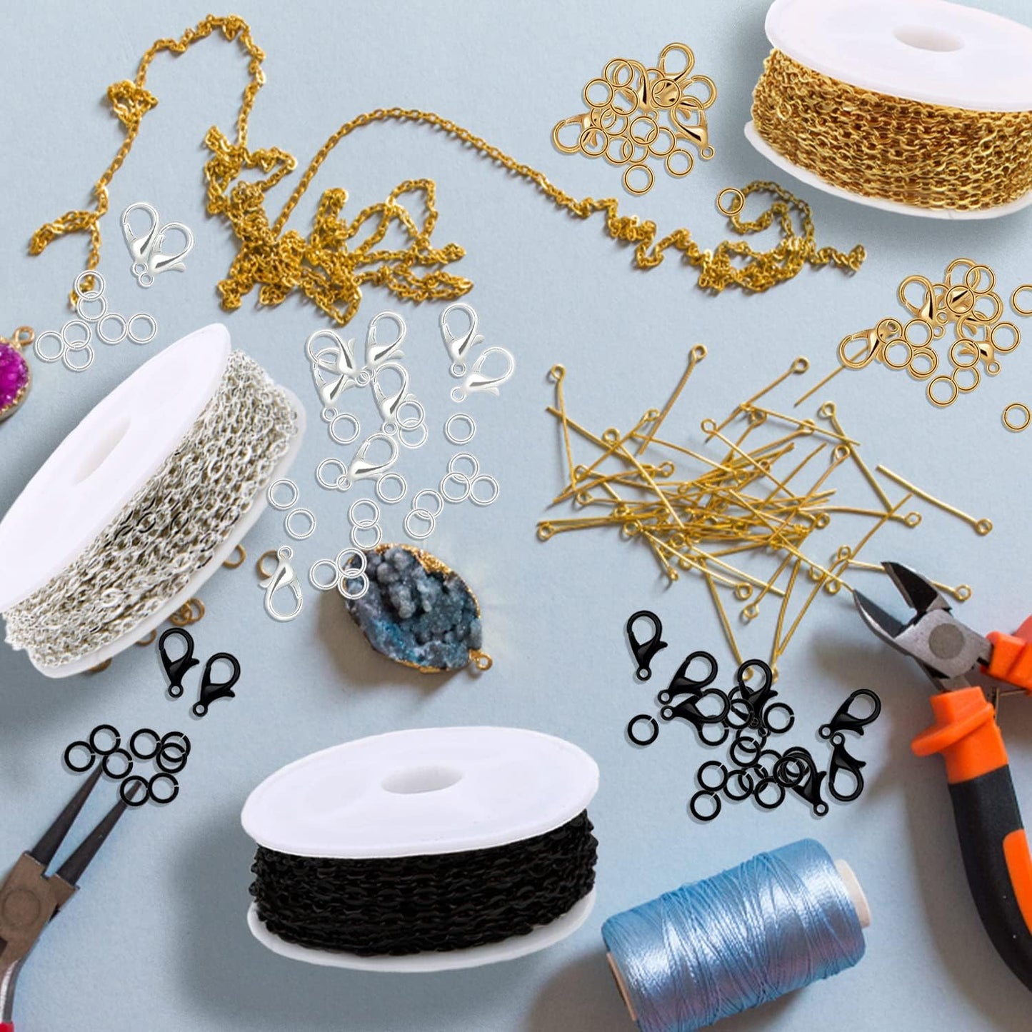 Jishi 30ft Jewelry Making Chains Bulk 2mm Necklace Chains for Jewelry Making Supplies, DIY Craft Earring Bracelet Making Findings, 3-Colors Gold Silver Black Plated Metal Rolo Cable Link Chain Rolls