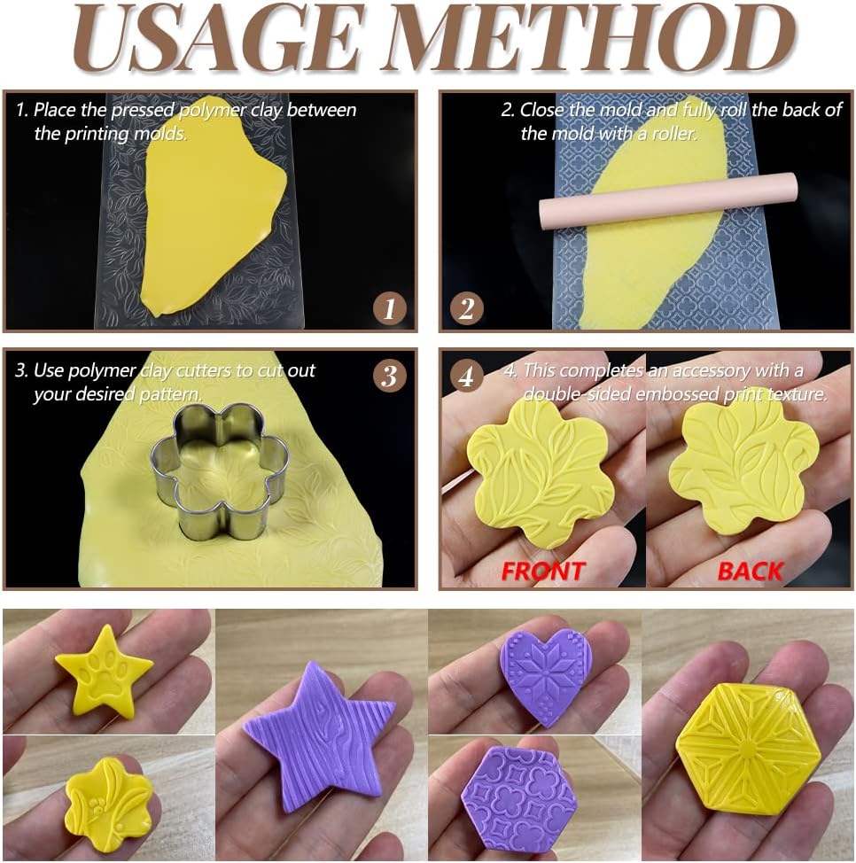 Embossing Folders Clay Stamps for Polymer Clay Earrings Making Embossing Tool Geometric Textured Flower Pottery Stamps Polymer Clay Roller Clay Texture Sheets (9PCS)