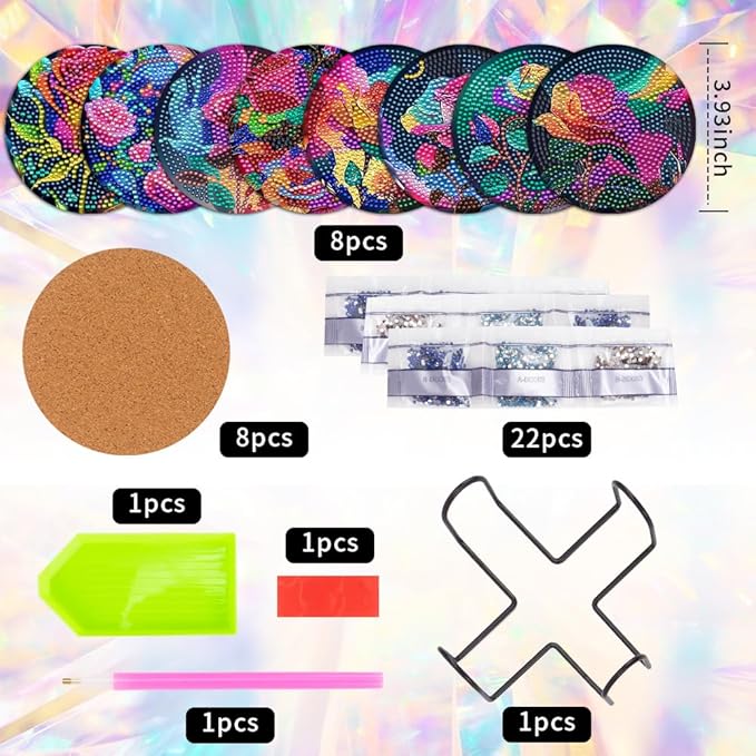 8 Pcs Diamond Art Painting Coasters with Holder, DIY Oil Peony Rose Flower Diamond Art Coasters for Drinks Diamond Art Painting Kits for Beginners, Diamond Craft Supplies for Adults Coaster Gift