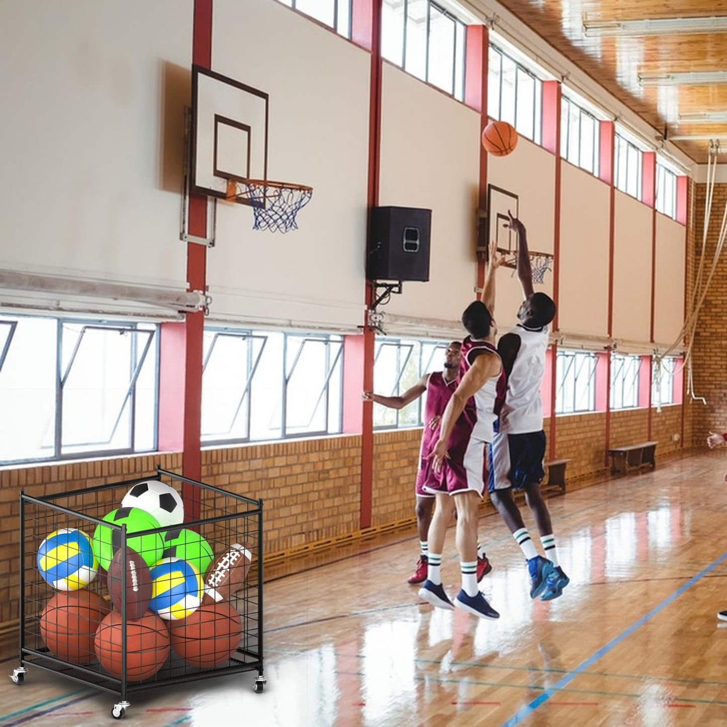 Ball Storage - 22.83" Basketball Cart With Wheels Garage Volleyball Storage Sport Equipment Holder Organizer For Indoor Outdoor,Metal Storage Rack For Playgroup,Gym And School