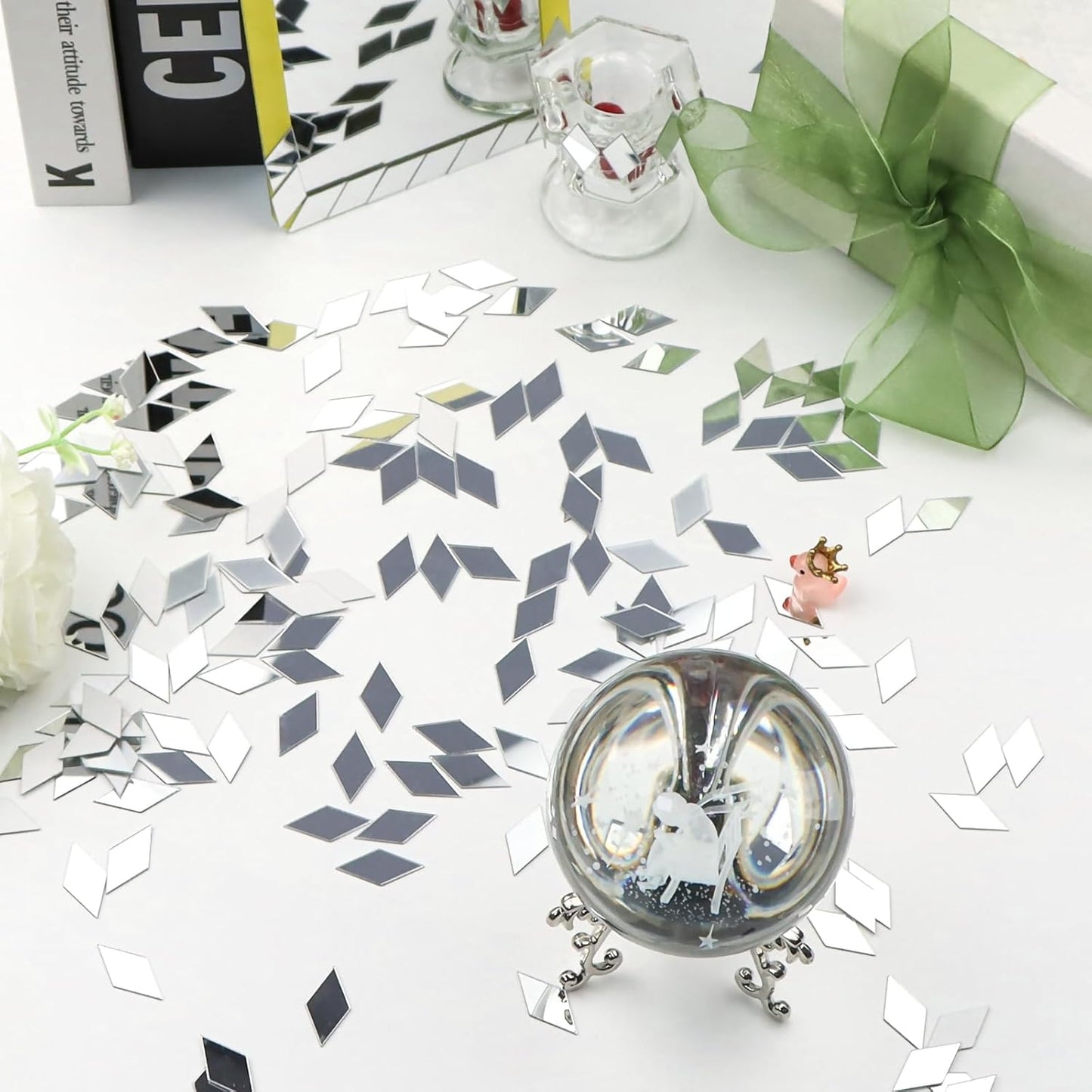 DARENYI 300PCS Diamond Shape Mirror Mosaic Tiles for Craft, Mini Rhombus Mirror Pieces Self-Adhesive Acrylic Mirrors Sheets Mosaic Pieces Flexible Craft Mirrors Bulk for DIY Projects Wall Decor