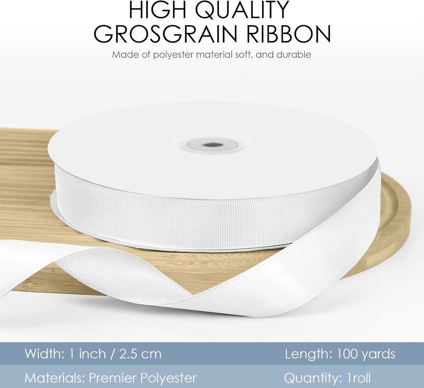100 Yards 1 inch Grosgrain Ribbon, Solid Color Fabric Ribbon Perfect for Gift Wrapping, Wedding, Handmade Bows, Floral Bouquets and Party Decoration(White)